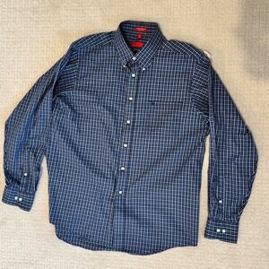 IZOD Mens Button Down Shirt Easy Care Large‎ Blue Plaid Long Sleeve